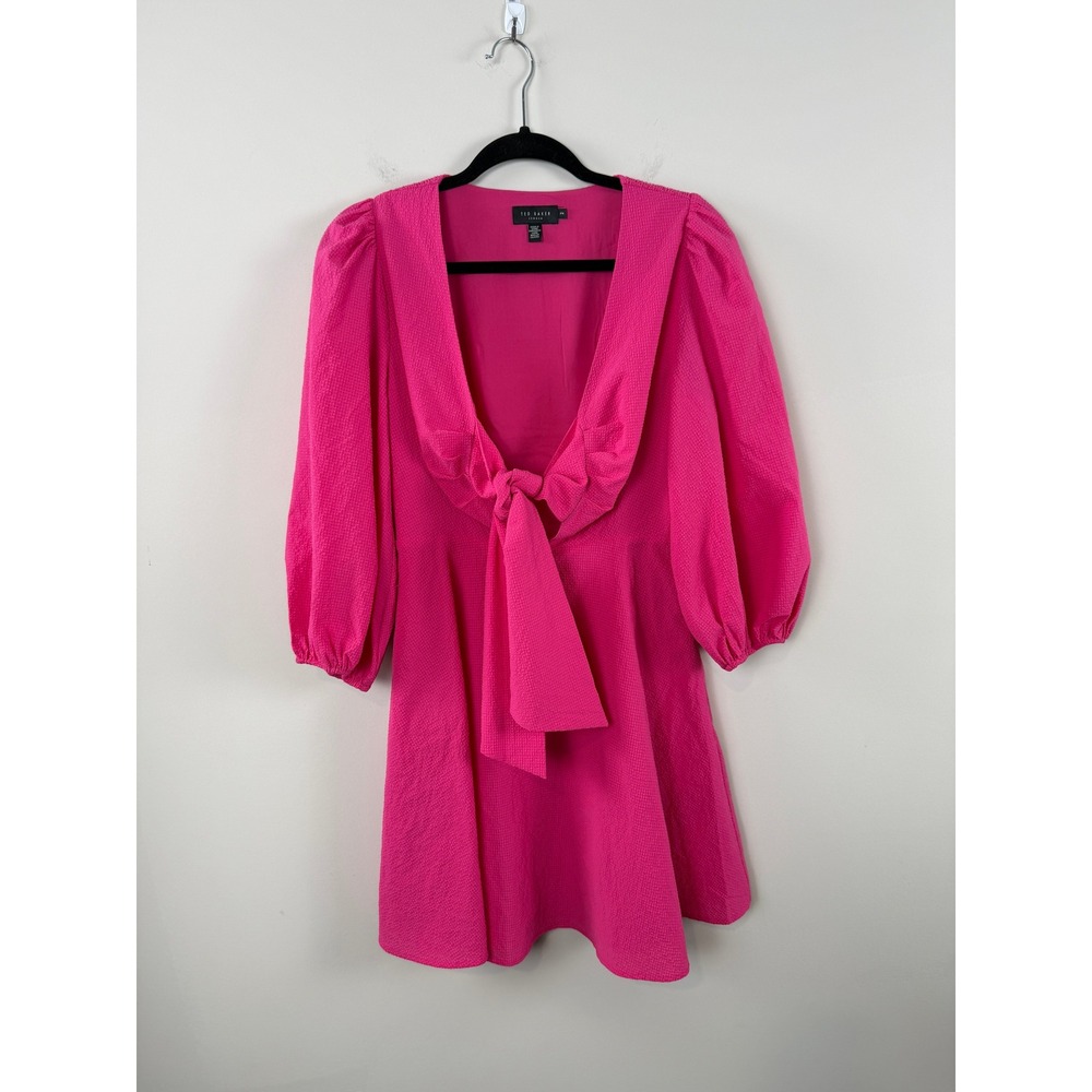 Ted Baker Jozelun Knot Frant Dress Pink 2 Mini Puff Sleeve Seersucker Barbiecore